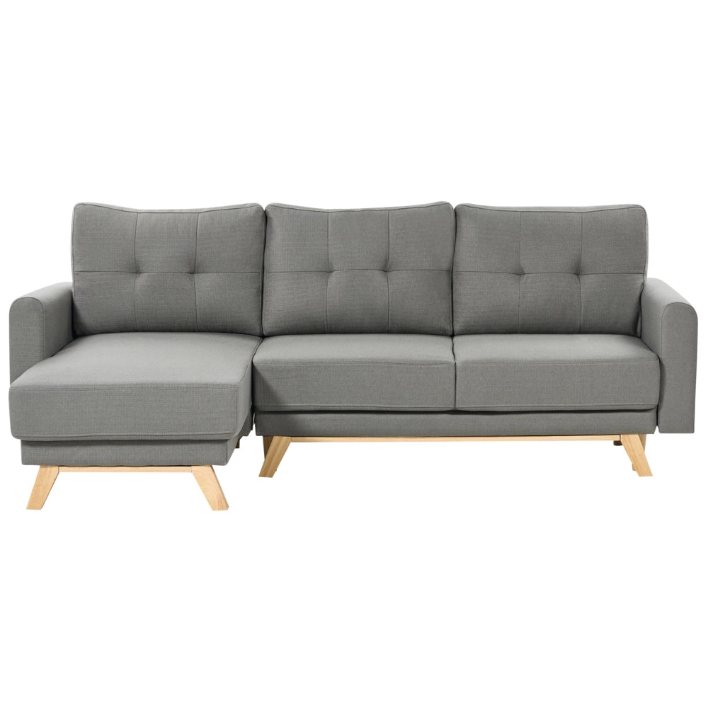 Divano angolare 3 posti destro imbottito in tessuto beige con funzione di dormiente e schienale imbottito estraibile Gambe in legno