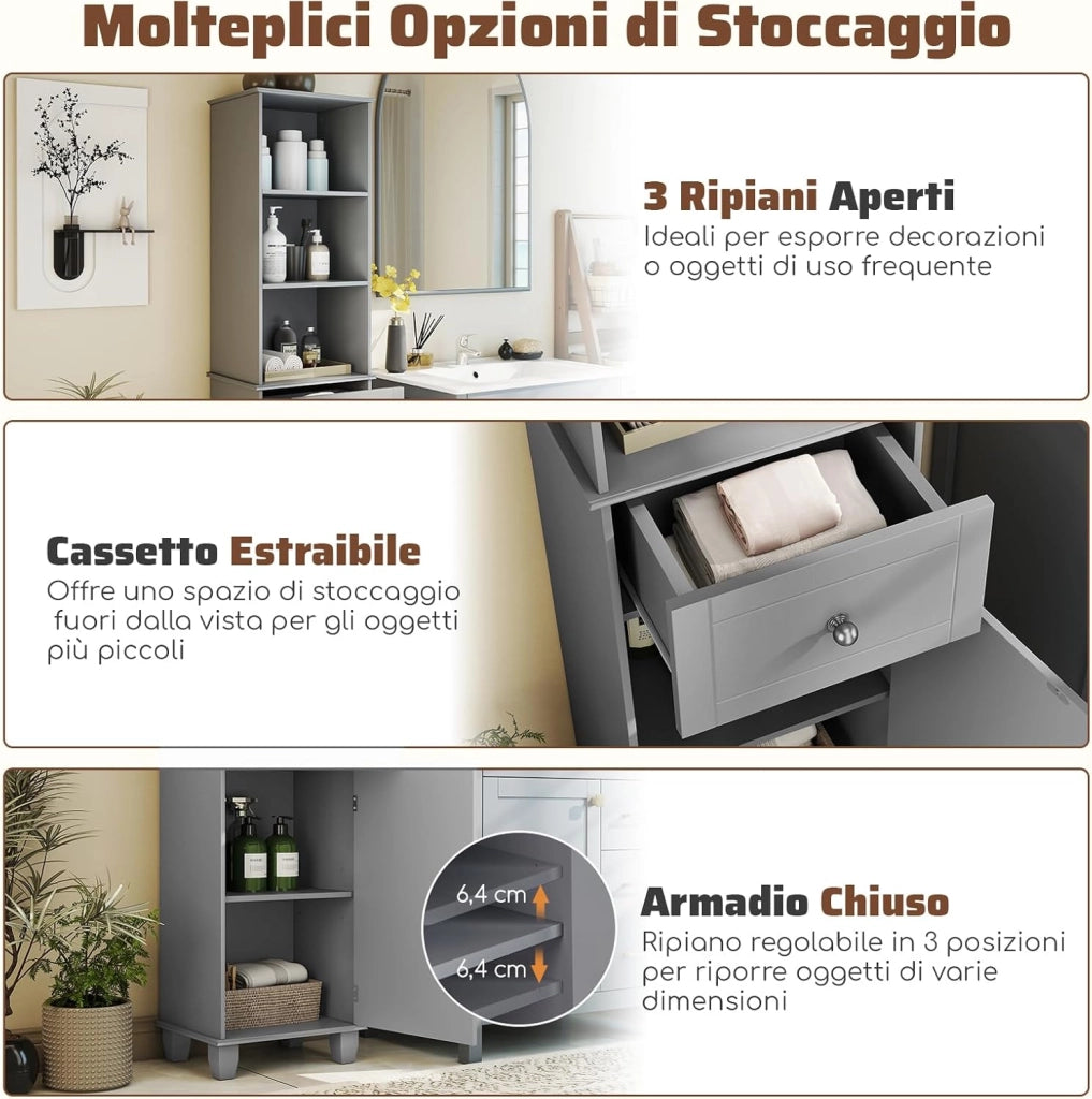 Mobile Bagno Alto 172 cm, Mobiletto Stretto da Pavimento con 3 Ripiani Aperti, 1 Cassetto, 1 Anta e Ripiano Regolabile, Armadietto Salvaspazio Indipendente per Cucina e Soggiorno (Grigio)
