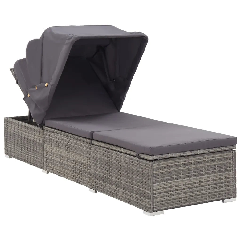 Lettino Prendisole | Sdraio da giardino | Lettino da sole con Tettuccio e Cuscino in Polyrattan Grigio