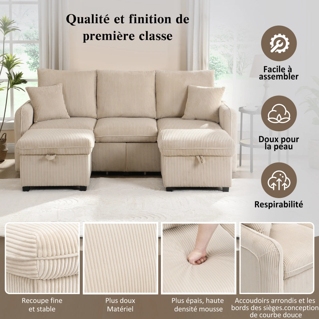 Divano angolare convertibile 3 Posti con Contenitore, 2 Pouf contenitore e Cuscini, in Velluto a coste Beige