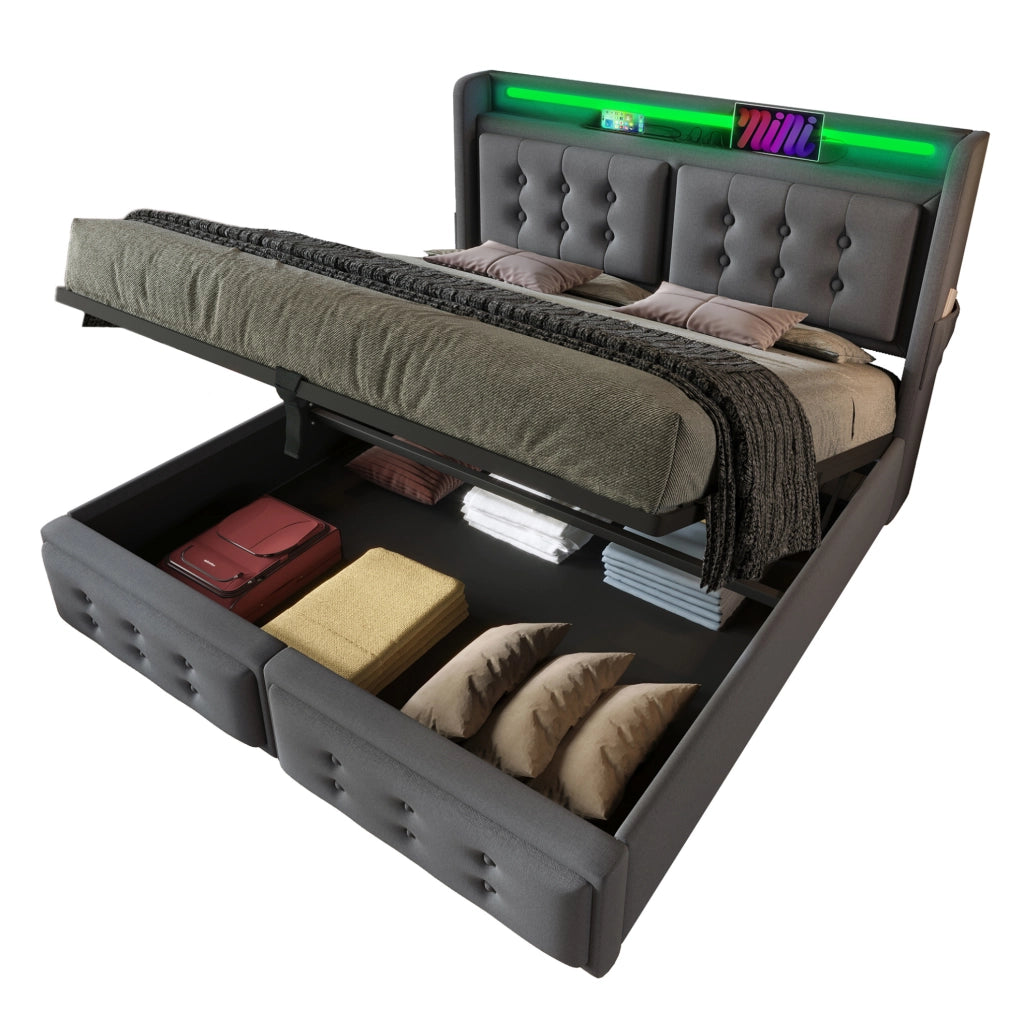 Letto imbottito 180x200 cm grigio con LED, presa USB-C e vano contenitore
