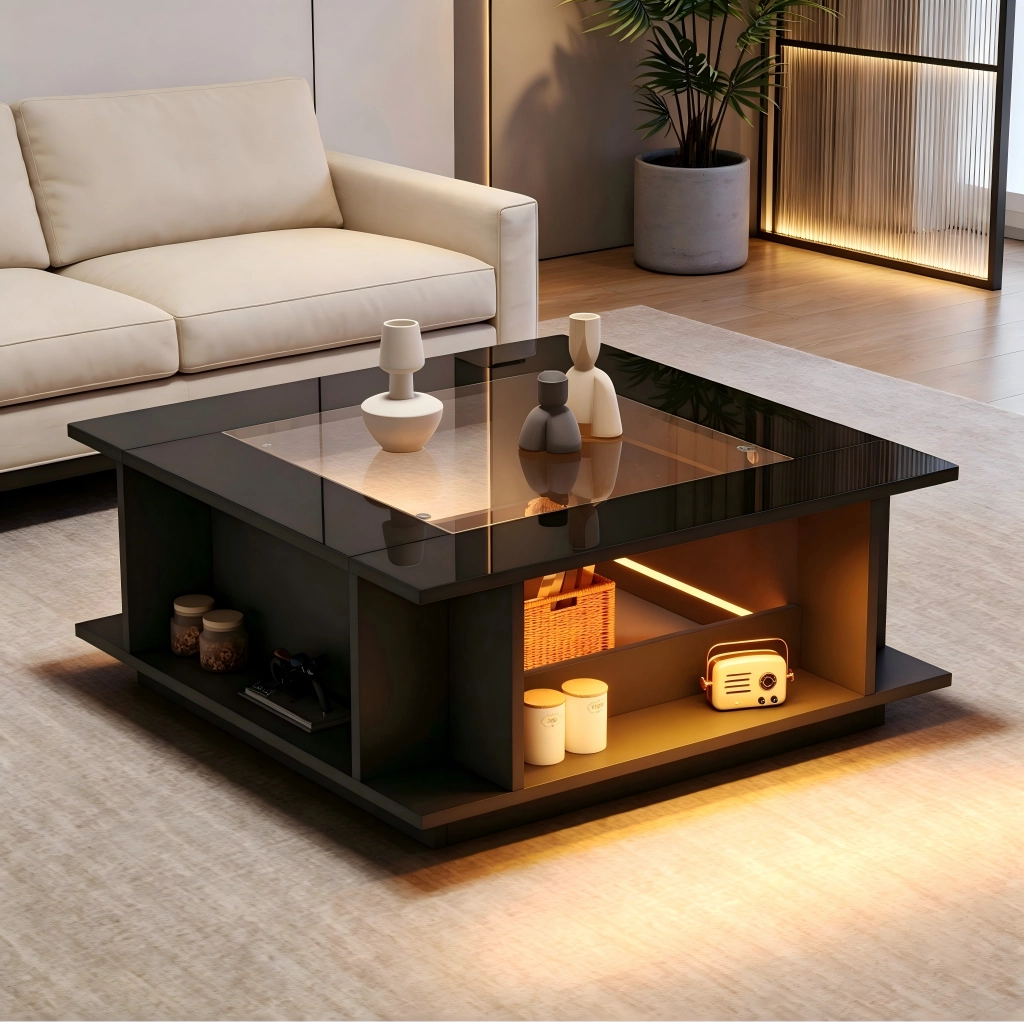 Tavolino da caffè quadrato con vani aperti e LED - per soggiorno - 70×70×30 cm - nero