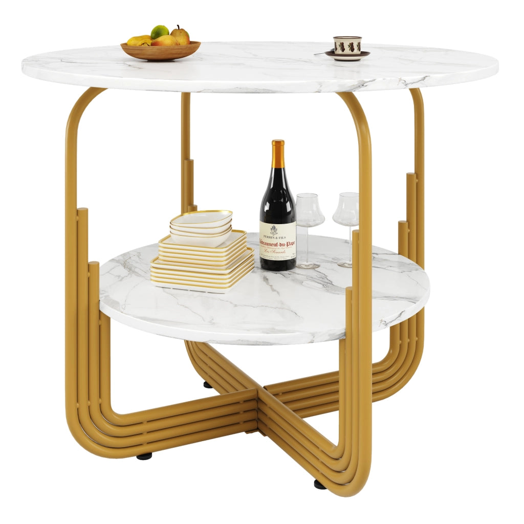 Tavolo da pranzo rotondo 80x80x76 cm in MDF effetto marmo; colore oro