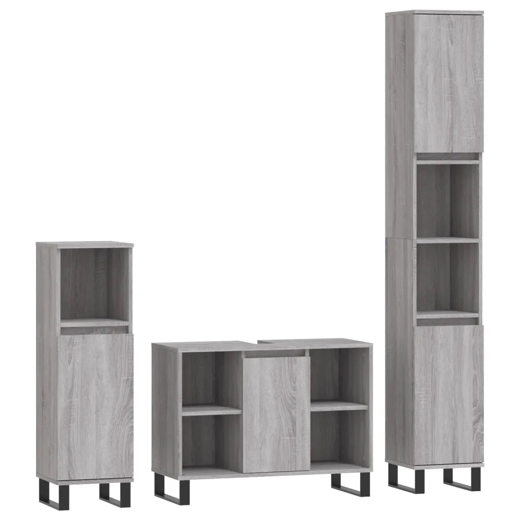 Set Mobili da Bagno | Armadio da bagno 3 pz Grigio Sonoma in Legno Multistrato