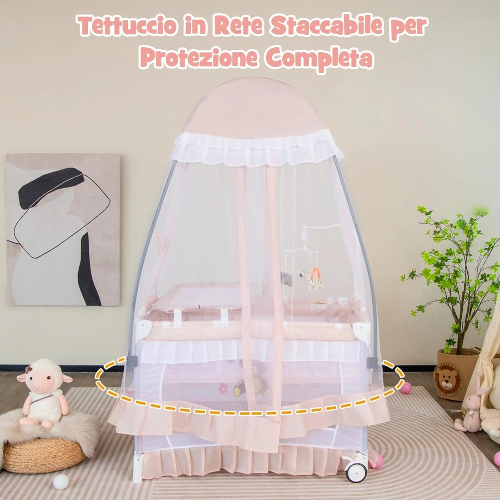 Lettino da Campeggio per Bambini, Culla Pieghevole con Fasciatoio Zanzariera, Box Neonati con Giocattoli, Ruote, per Bambini 0-36 Mesi (Rosa)