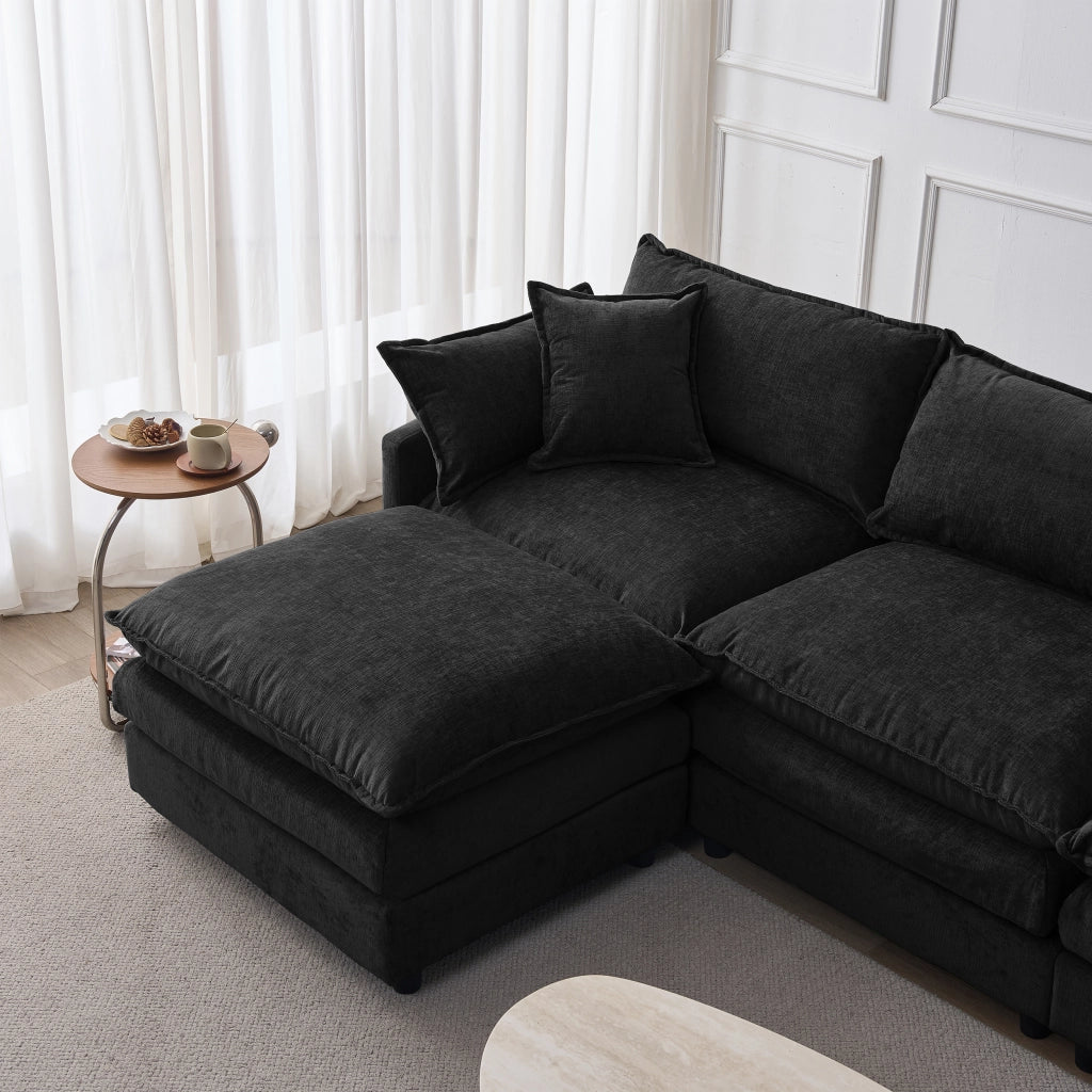 Divano angolare modulare a L 3 posti con pouf; in ciniglia premium; 267 cm; nero