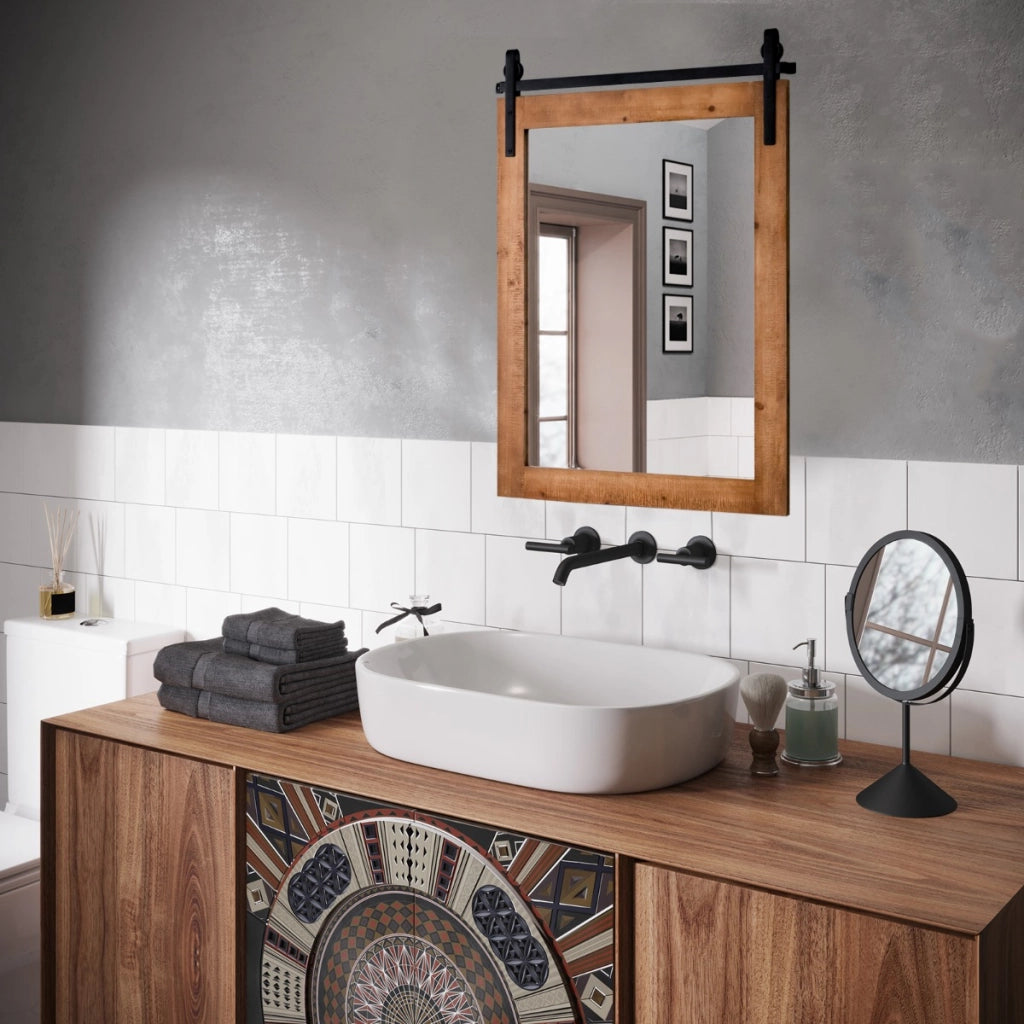 Specchio a parete farmhouse 76,5x56cm-Specchio a muro rettangolare con cornice in legno staffa in metallo Marrone