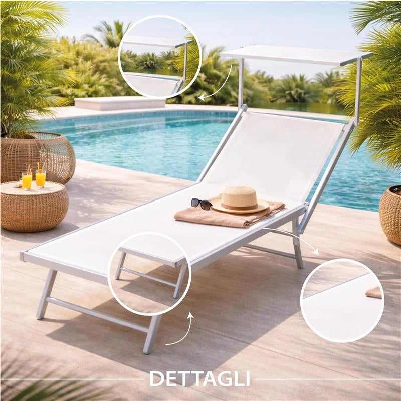 LETTINO RIMINI PRENDISOLE IN ALLUMINIIO CON PARASOLE PIEGHEVOLE 61X183/189X38H CM , COLORE BIANCO