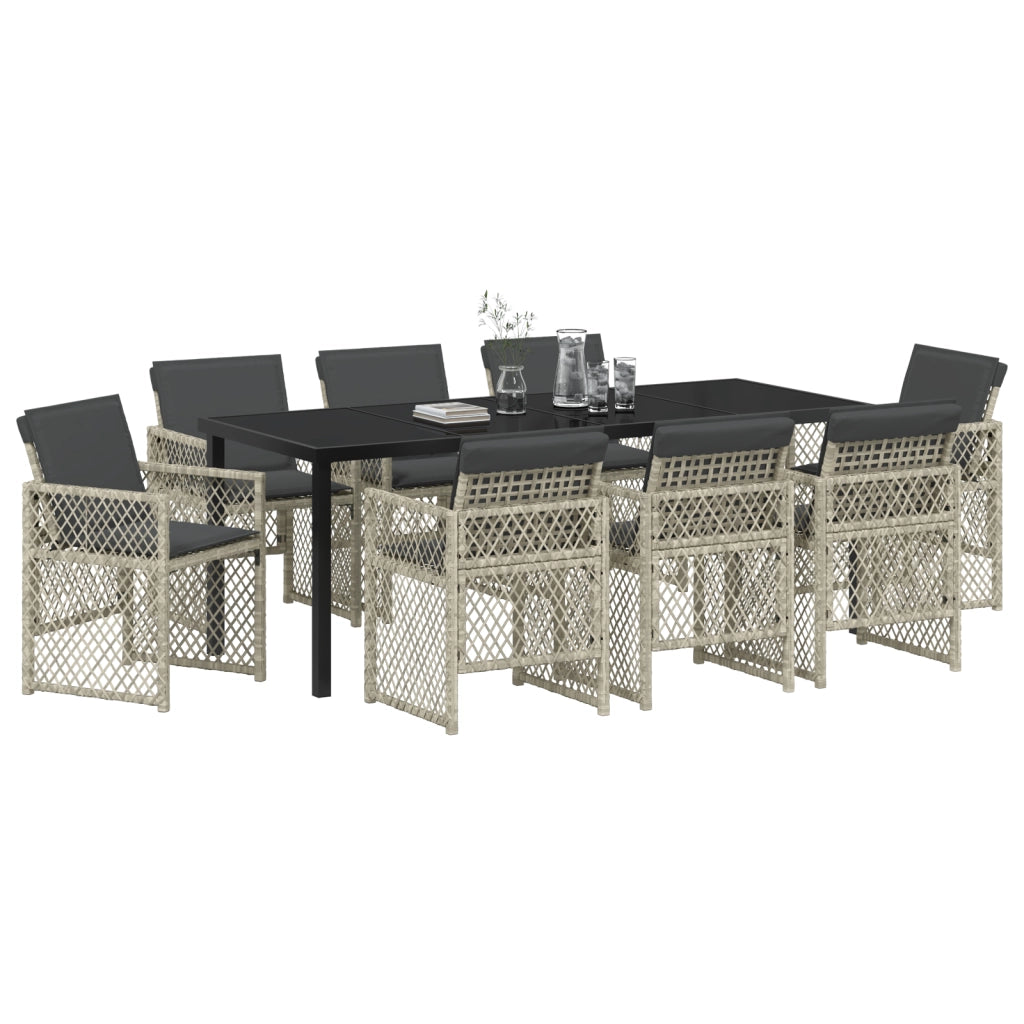 Set pranzo giardino 9 pezzi cuscini Rattan Polietilene grigio chiaro