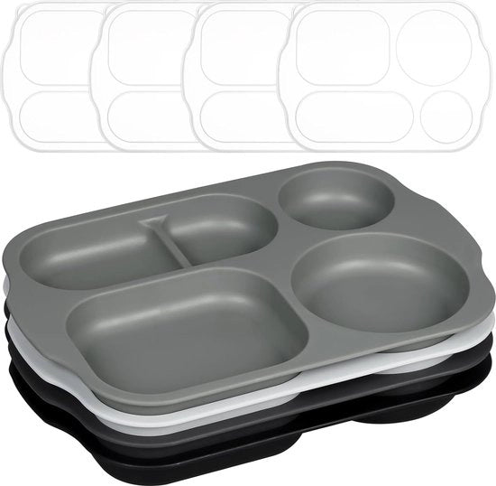 Piatti da mensa, 4 pezzi, piatti con coperchio, 5 cassetti, 28 cm piatto in PP, piatti resistenti e resistenti alle cadute per bambini e adulti, servizio da tavola, microonde e forno.