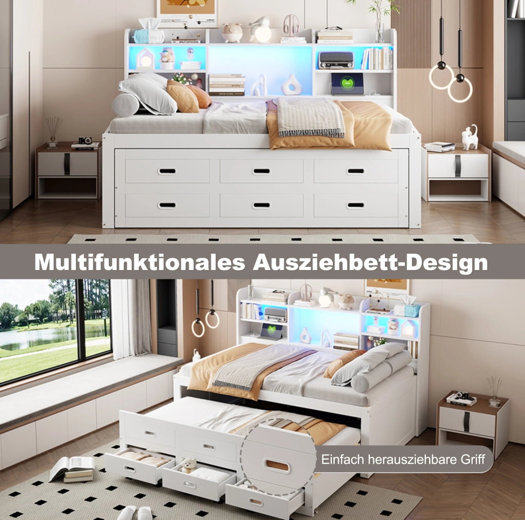 Letto singolo estraibile 90x200 cm con LED, USB-C e cassetti