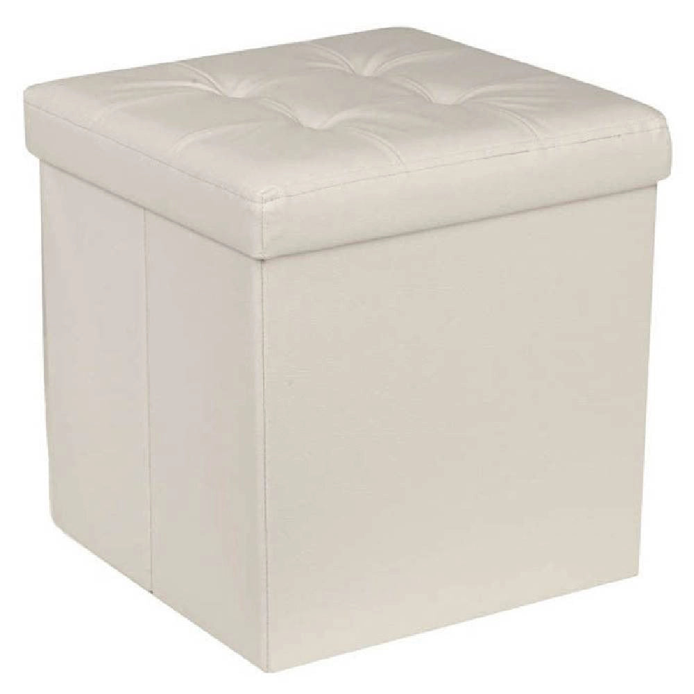 Trade Shop - Pouf Contenitore Ecopelle Cubo Pieghevole 35x35x35 Cm Beige 4 Punti Trapuntato -