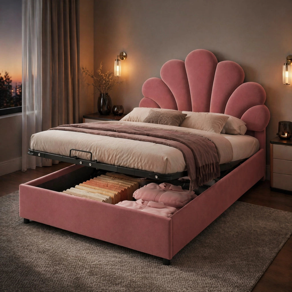 Letto imbottito 90 x 200 cm in velluto rosa con testiera floreale e contenitore idraulico