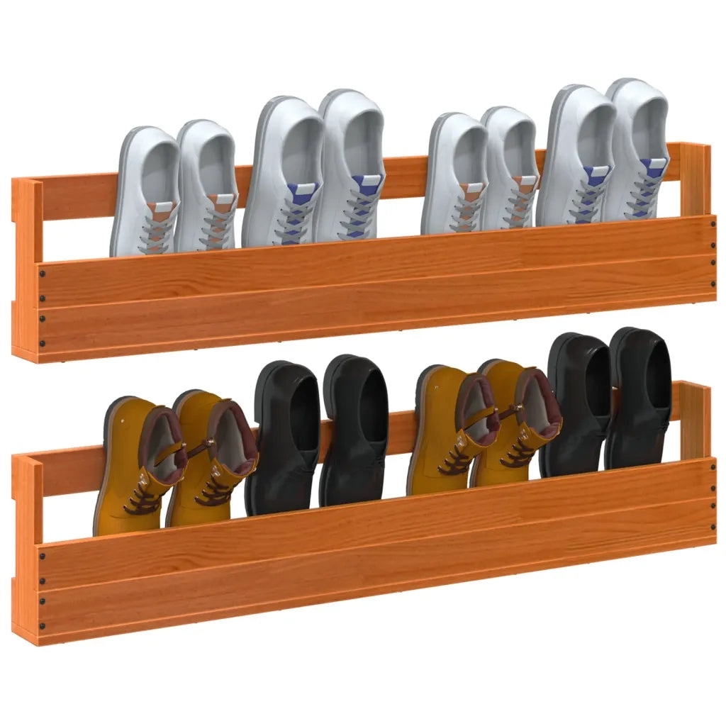 Scarpiere a Parete 2 pz Marrone Cera Legno Massello di Pino 844490