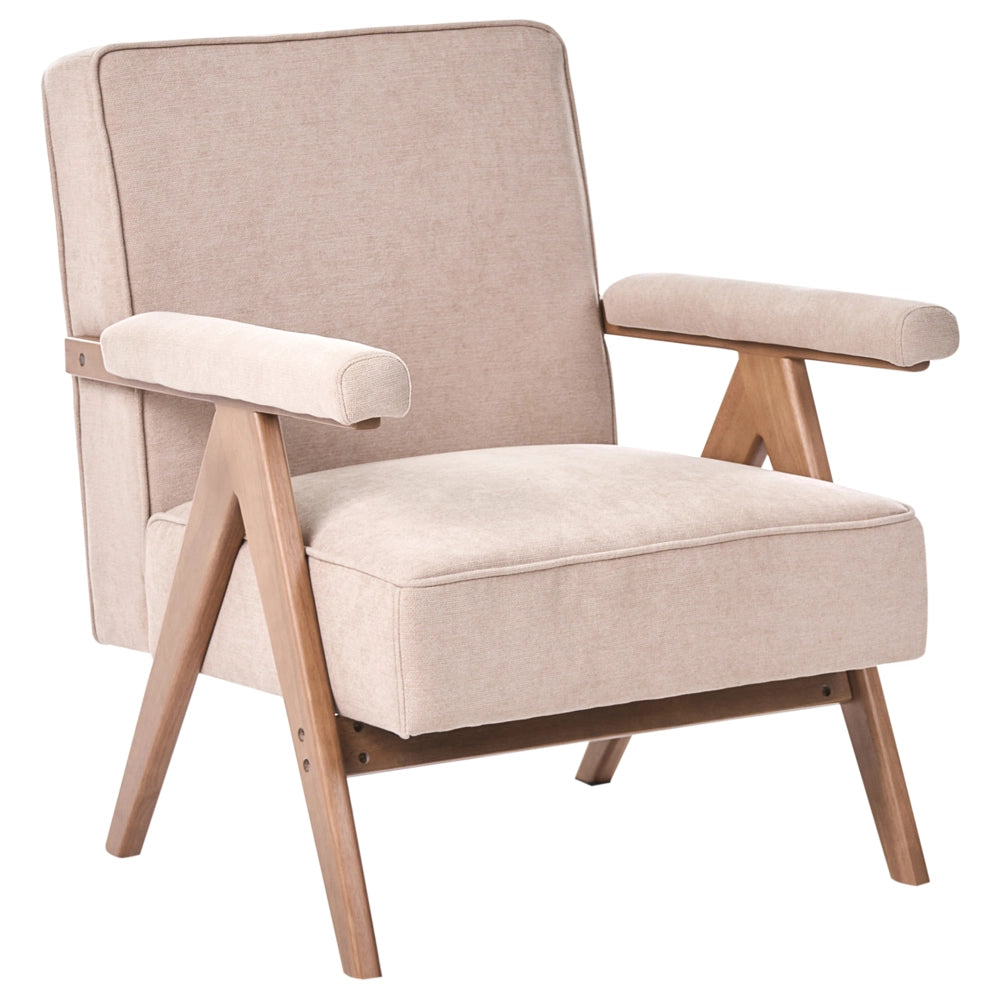 Poltrona in tessuto effetto lino tortora design retrò struttura in legno braccioli per soggiorno