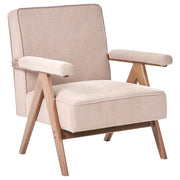 Poltrona in tessuto effetto lino tortora design retrò struttura in legno braccioli per soggiorno