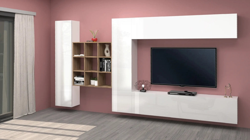 Parete attrezzata sospesa TV pensile bianco libreria 2 armadi Ferd WH