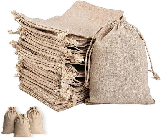 Zaketti in Juta 20 Stuks - Zaketti con Corda in Juta - Zaketti per Regali - Materiale Sostenibile - Respirabile - Leggero e Resistente - Borsa di Ripostiglio