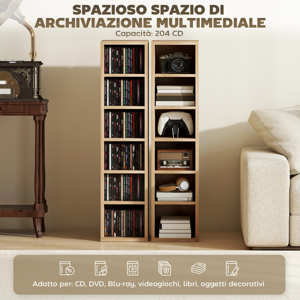Set 2 Librerie 21x22,5x88,5 cm Mobili Porta CD con Ripiani Regolabili per 204 CD in Legno Rovere