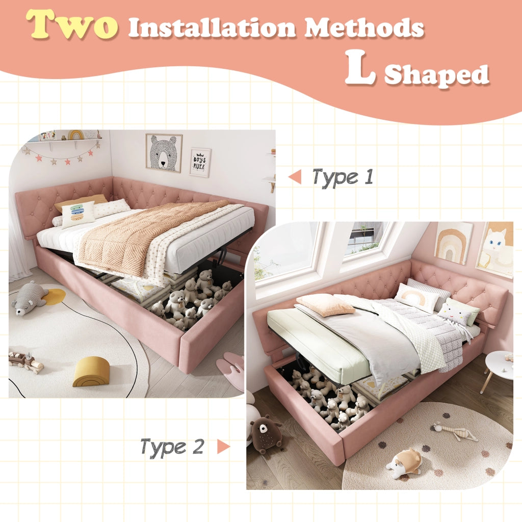 OKWISH Letto a Divano 90×190 cm, Letto Singolo con Contenitore, Testiera Reversibile e Rivestimento in Velluto, senza Materasso, Rosa