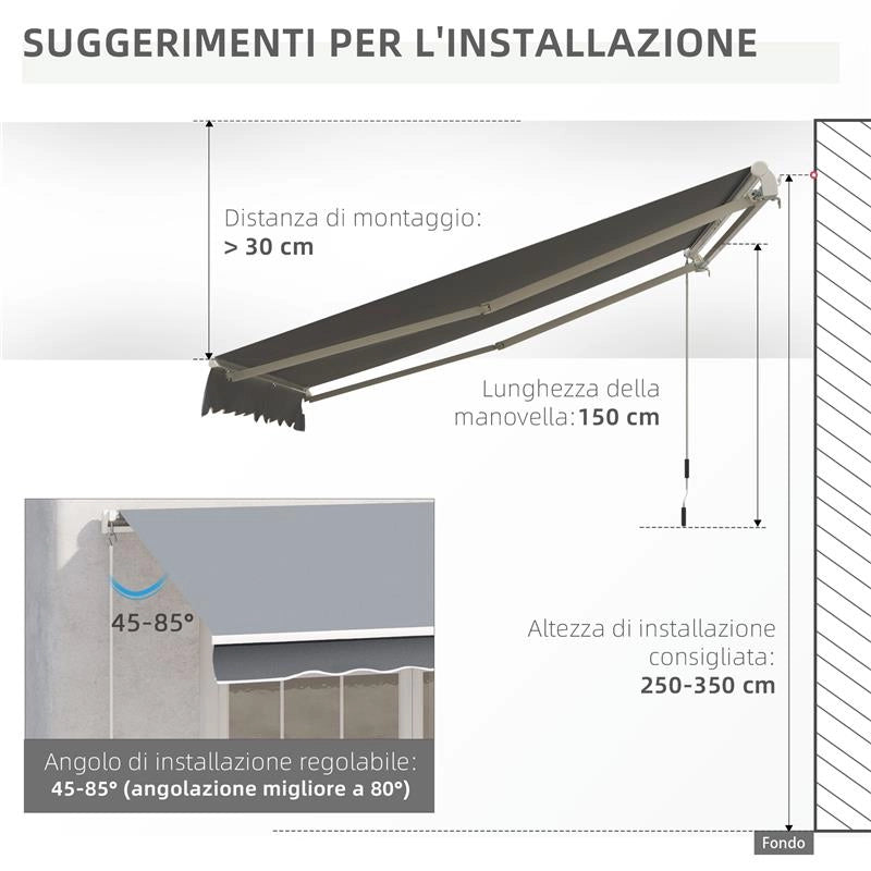 TENDA DA SOLE PER ESTERNO AVVOLGIBILE A MANOVELLA IN METALLO 295 X 245 CM GRIGIO