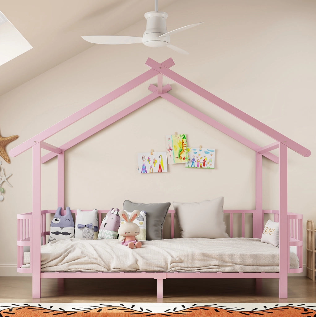 Letto singolo per bambini a casetta in metallo rosa 90x200 cm
