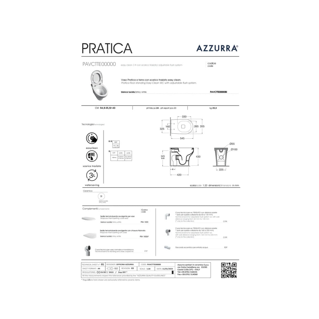 Wc a Terra Senza Brida Azzurra Ceramica "Pratica" Bianco Lucido