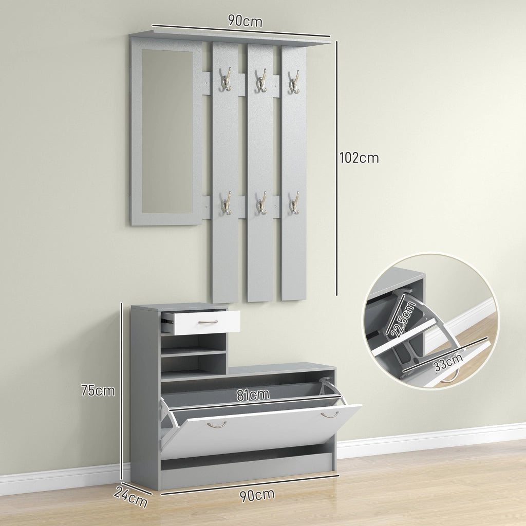 Mobile Guardaroba per Ingresso con Specchio Appendiabiti e Scarpiera Regolabile 90x24x177 cm Bianco e Grigio