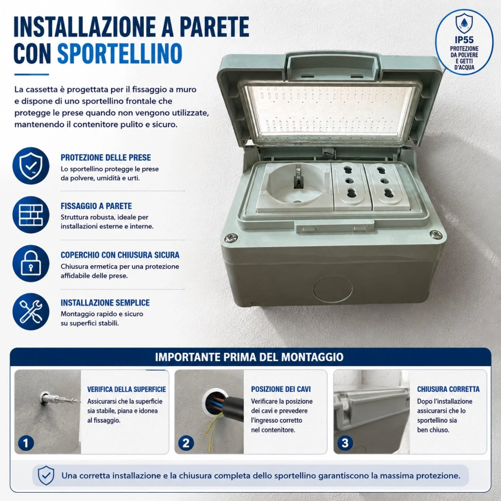 Cassetta Elettrica IP55 con Schuko e 2 Prese Bipasso 10/16A