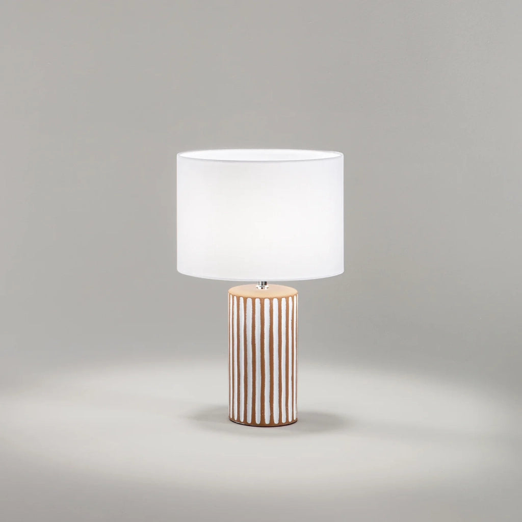 Lampada Tavolo Contemporanea Tribale Ceramica Marrone Bianco Tessuto 1 Luce E27