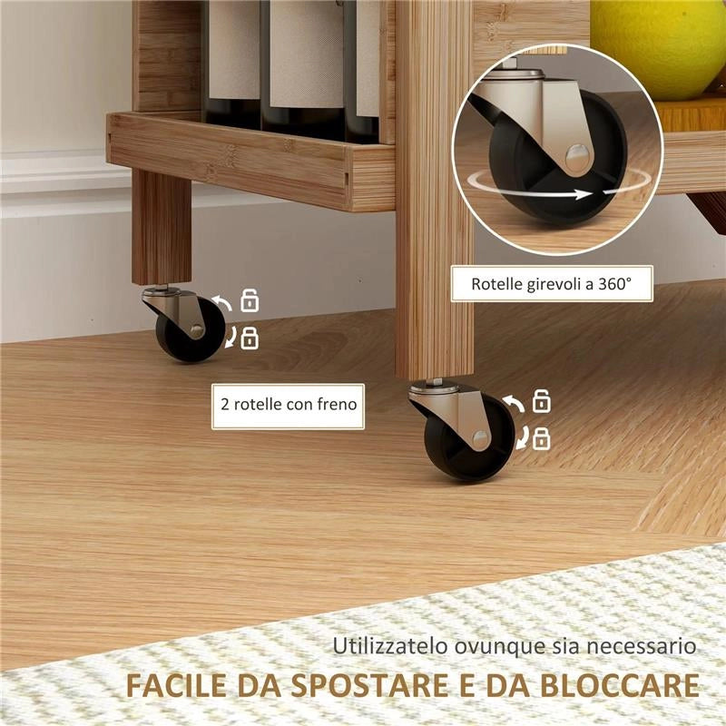 CARRELLO DA CUCINA PORTAVIVANDE PIEGHEVOLE A 2 LIVELLI CON PORTABOTTIGLIE IN LEGNO DI BAMBOO