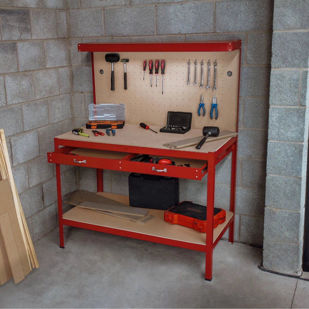 Banco da lavoro con cassetti multiuso da 120 cm con luce LED ripiani e opzioni di stoccaggio intelligenti per garage, officine e magazzini - Capacità di carico 200 kg - Rosso