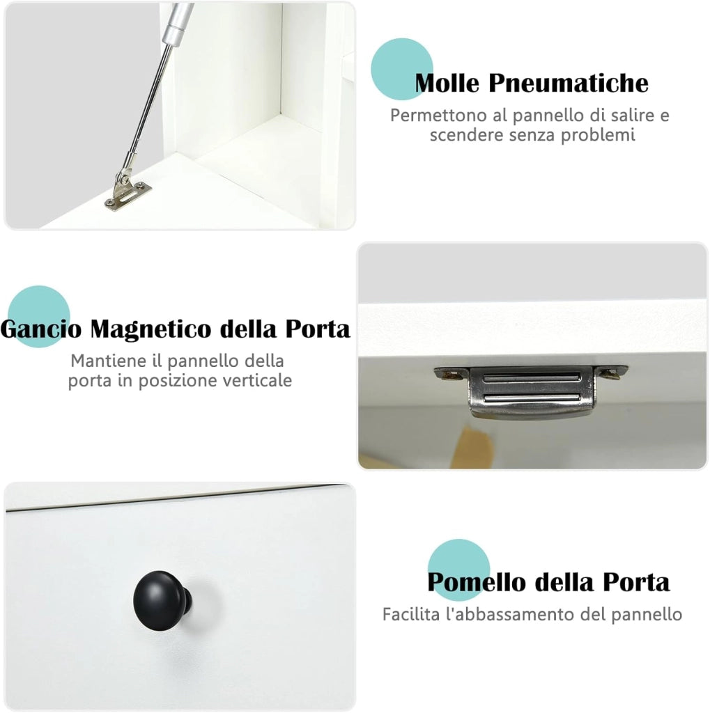 Scrivania Pieghevole a Muro, Tavolo da Parete con Ripiani e Cassetto e Piano Ribaltabile, Scrivania a Ribalta da Parete Multiuso da Studio Camera da Letto e Soggiorno (Bianco)