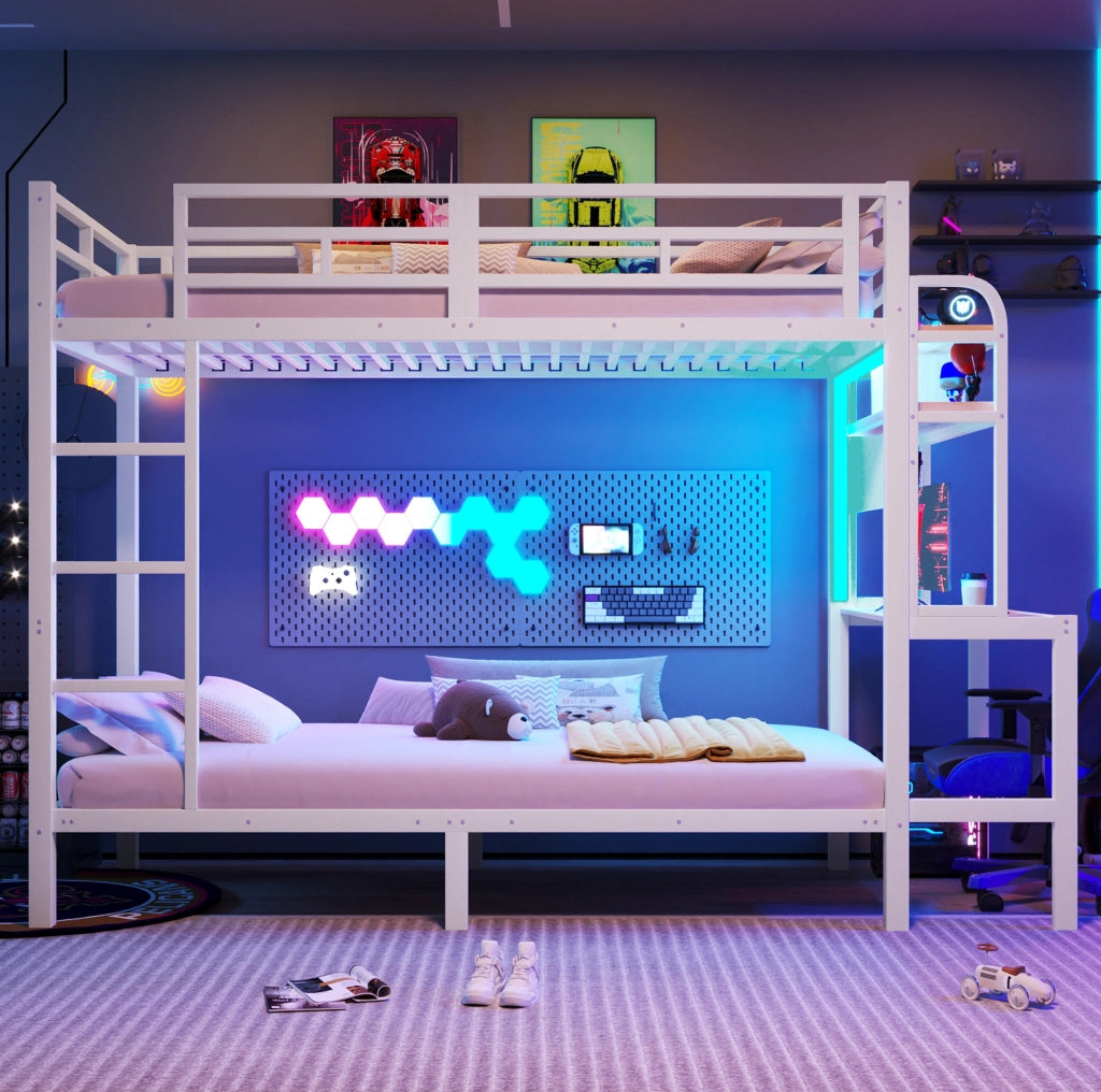 Letto a castello 90x200 cm in metallo e MDF con scrivania; ripiani; LED e USB; bianco