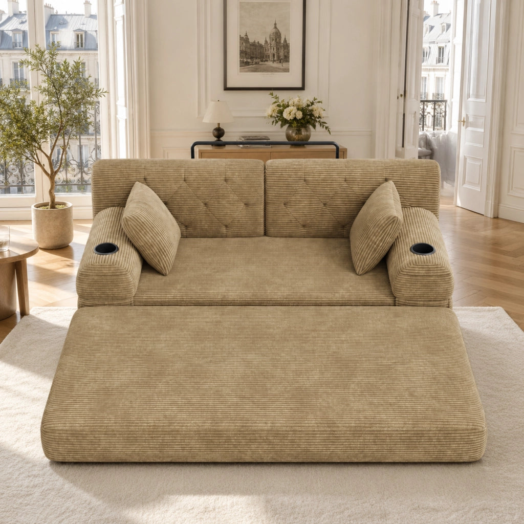 Divano letto compatto con schienale alto e 4 tasche laterali, portabicchieri, in tessuto corda cachi 208 × 80 × 81 cm