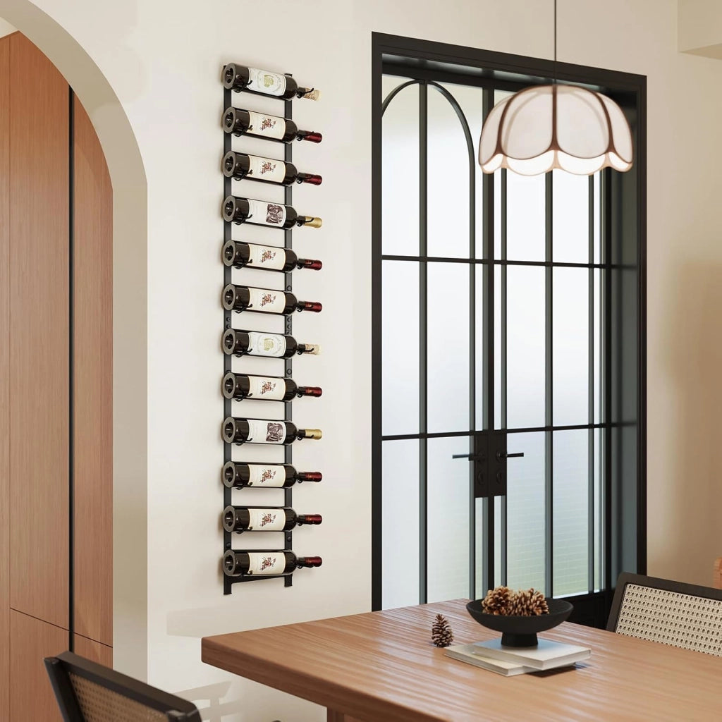 Portabottiglie Vino da Parete, Cantinetta Vino da Parete per 6/9 / 12 Bottiglie, Porta Bottiglie di Vino da Parete in Metallo per Cucina, Sala da Pranzo, Cantina, 22 x 13,5 x 145 cm, Black