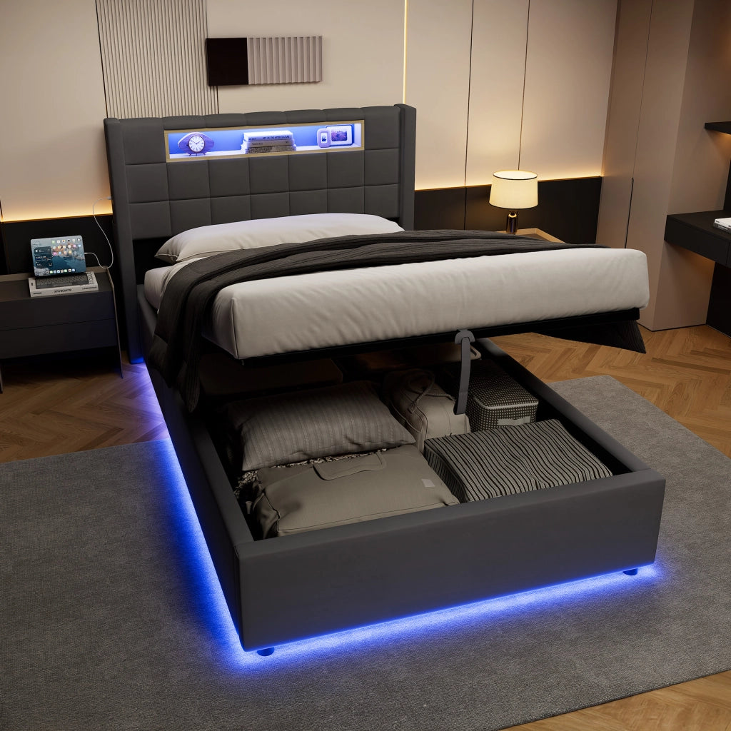 Letto singolo imbottito 90 x 200 cm in velluto grigio con contenitore idraulico, LED e porte USB/Type-C