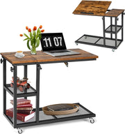 Tavolino Laterale, a Forma di C, Reclinabile a 5 Livelli, 3 Ripiani da Portata, Tavolino da Divano con Ruote, Industriale, Supporto in Ferro, Portata di 20 kg, 80x40x95 cm