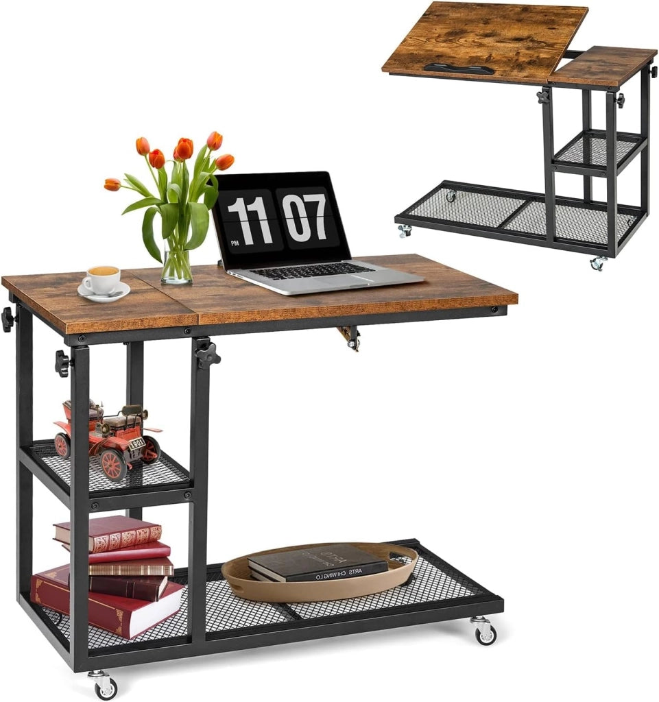 Tavolino Laterale, a Forma di C, Reclinabile a 5 Livelli, 3 Ripiani da Portata, Tavolino da Divano con Ruote, Industriale, Supporto in Ferro, Portata di 20 kg, 80x40x95 cm