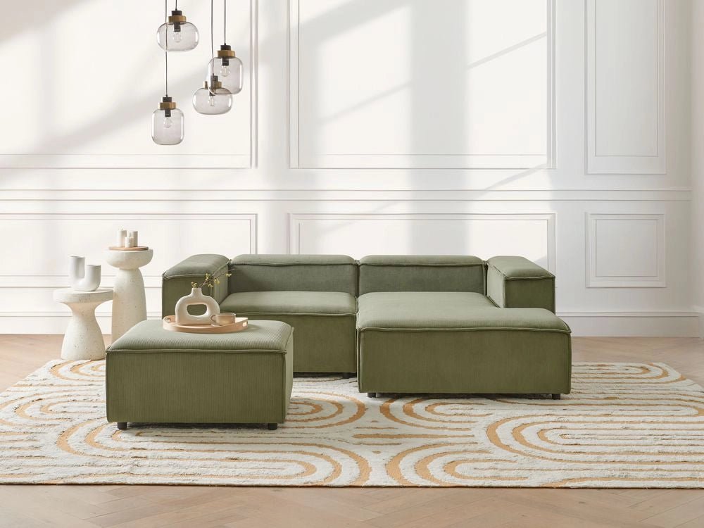 Divano angolare modulare velluto a coste verde 3 posti lato sinistro con pouf Gambe nere Soggiorno moderno