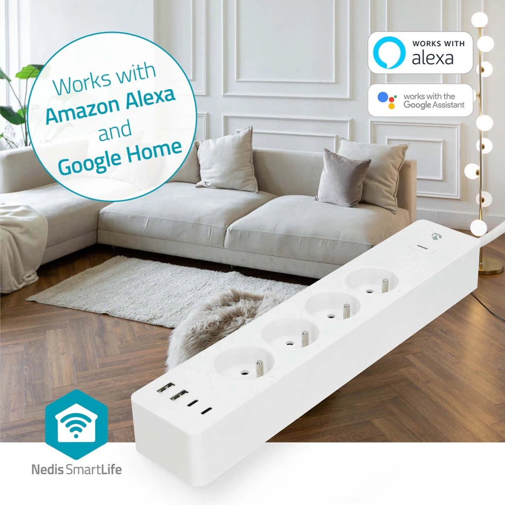 Striscia di alimentazione Wi-Fi Connected 4 uscite 3680W 2m con 4 porte USB Bianco Nedis