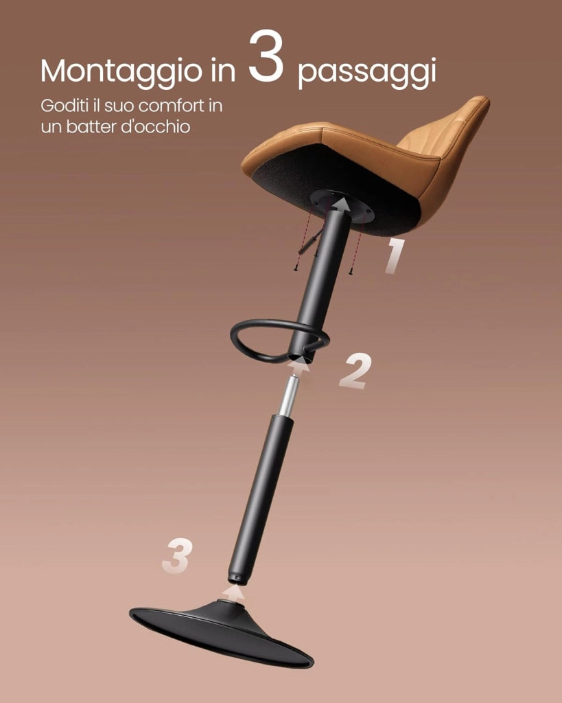 VASAGLE Sgabelli da Bar, Schienale, Sedie da Bar Regolabili in Altezza, Girevoli a 360°, Poggiapiedi Metallo, Sala da Pranzo Cucina, PU, Set di 2, Marrone Caramello LJB181KN01