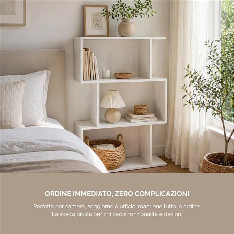 LIBRERIA CUBICA IN LEGNO BIANCO CON 3 RIPIANI SFALSATI DIMENSIONI  70X24X96 CM