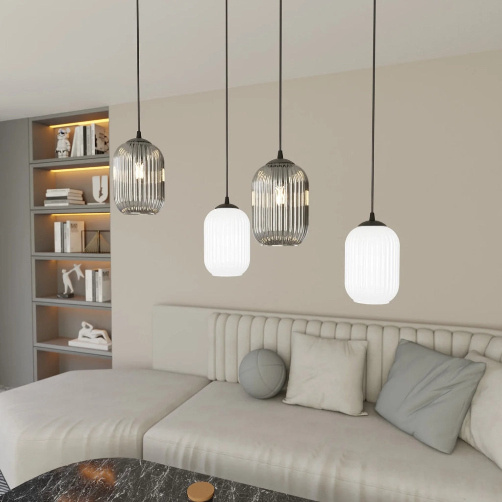 Lampadario 4 Luci Selene In Acciaio Nero E Vetri Plissettati In Bianco E Fumè