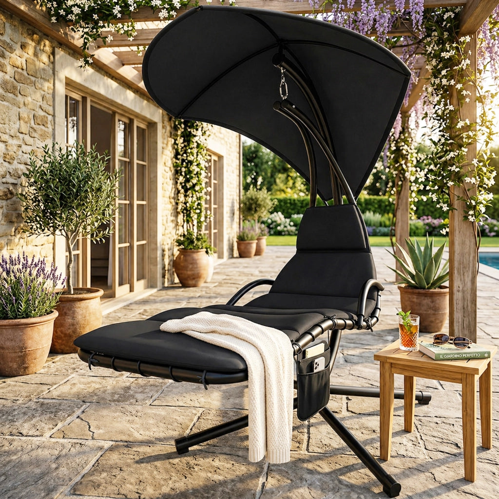 Sdraio A Sospensione Con Ombrellone Nero E Cuscino Ergonomico Amaca Da Giardino In Poliestere Resistente Per Arredamento Esterno Terrazzo Bordo Piscina Formato 195x132x197 Cm