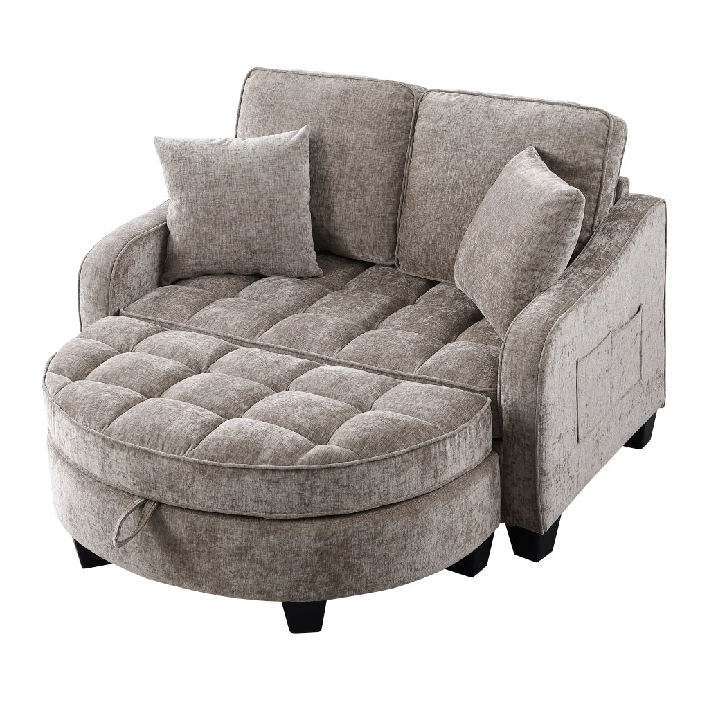 Divano letto 2 posti - con pouf contenitore e trasformazione rapida - in tessuto marrone - 132×129×93 cm