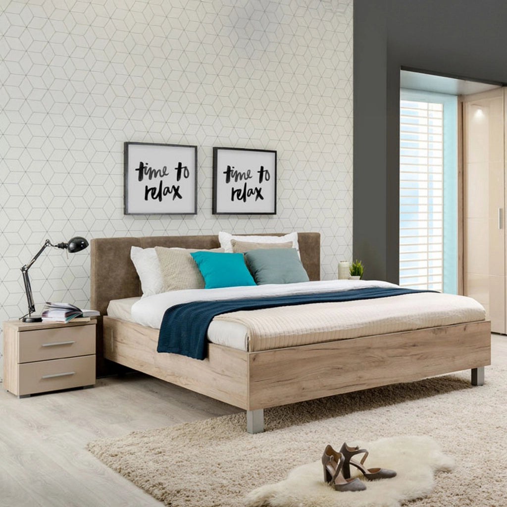 Letto Matrimoniale Maida, Letto Matrimoniale Testiera Imbottita, Marrone Rovere Grigio