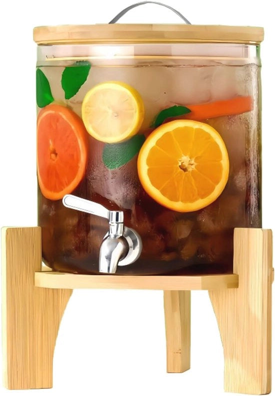 Dispensatore di acqua con capacità di 5L, stantuffo in legno e maniglione in acciaio inossidabile per feste e eventi
