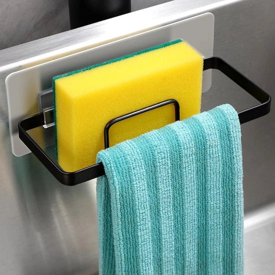 Supporto per asciugamano in cucina - Organizzatore per asciugamani e spugne, 2-in-1 Supporto per aspirapolvere per asciugamani, spugne, stopper per aspirapolvere e asciugamani, nero