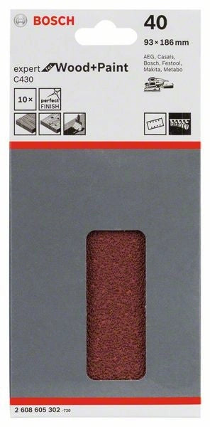 2608605302 -Set 10 Fogli abrasivi C430, 93 x 186 mm, P40, EXPERT for LEGNO+VERNICE